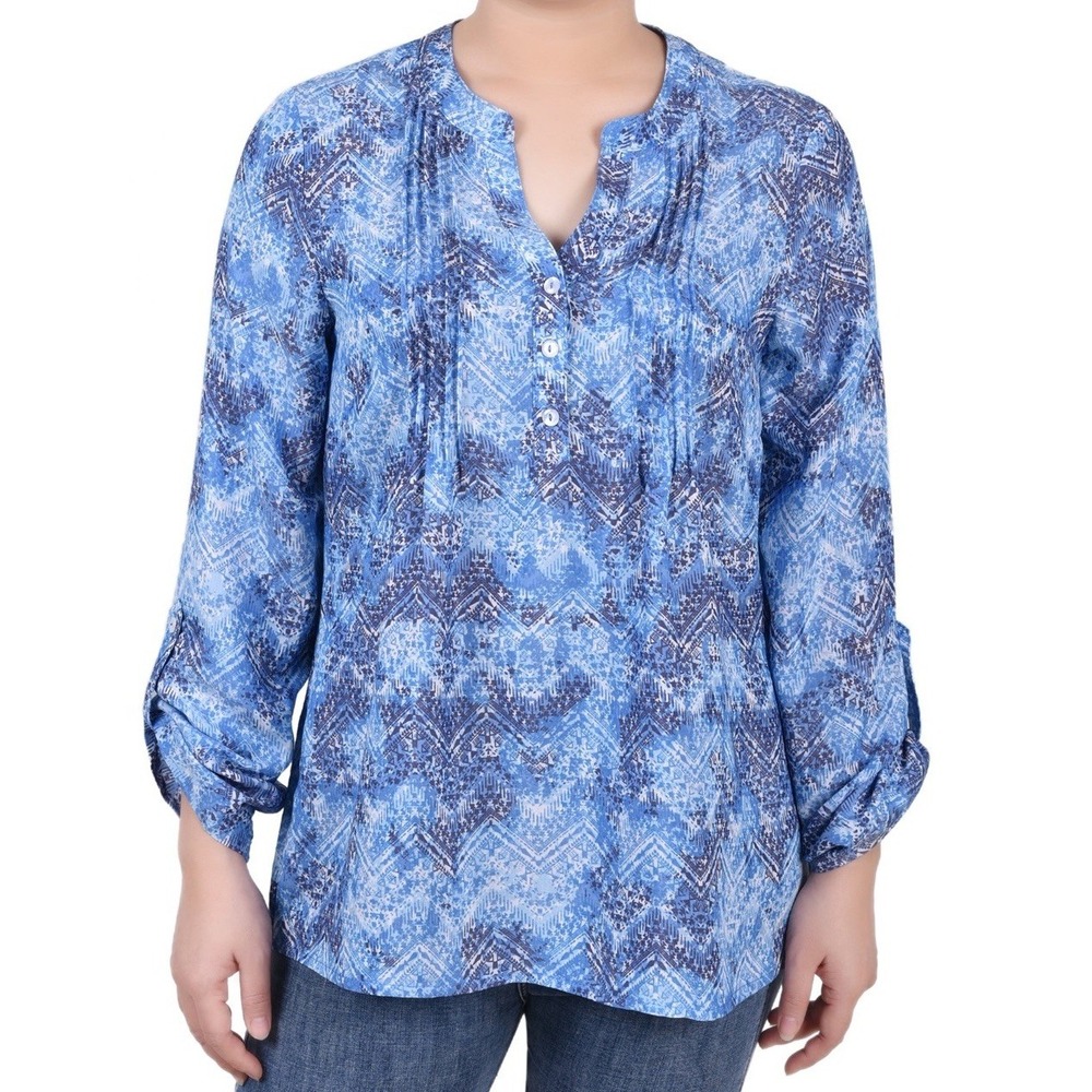 Notations Size L Blue Chevron Long Roll Tab Sleeve Pintuck Front Blouse